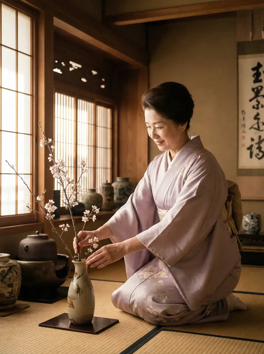一位优雅的 莱茵娱乐 在和室中插花